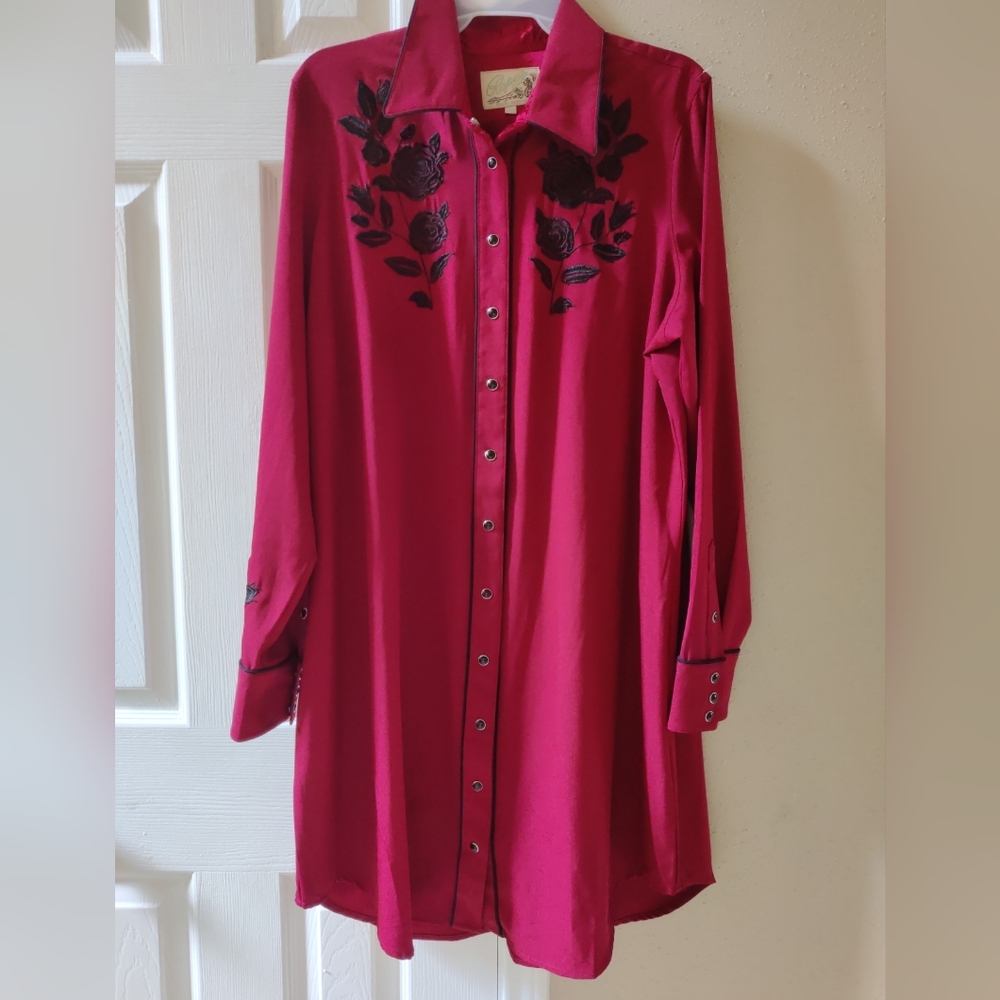 Vintage Burgundy Black Floral Roses Country Western Roper Shirt Dress XL🌹